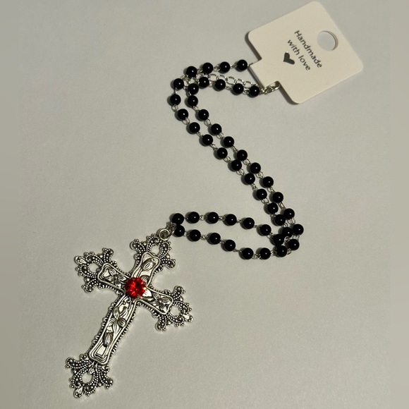 Statement Cross Necklace Gothic Crystal Floral Design Big Punk Goth Silver New - Picture 6 of 8